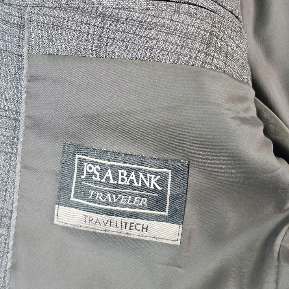 Jos. A. Bank Suit Jacket Mens 46R Gray Plaid Wool Blend Traveler Slim Fit